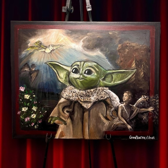 ⚜️ Acrylic painting “Baby Yoda and divine Grace”, Star Wars Din Grogu  Star Wars - Picture 1 of 6